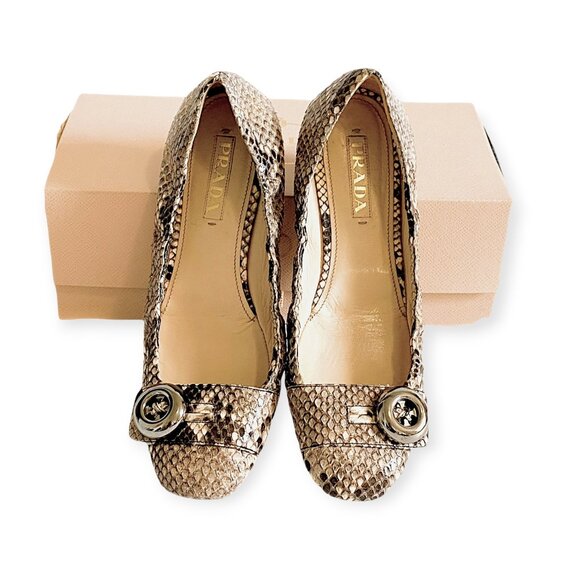 Prada Beige Snake Leather Ballet Flats 39 EU with Metal Buttons 1F474DF005 - Picture 1 of 16